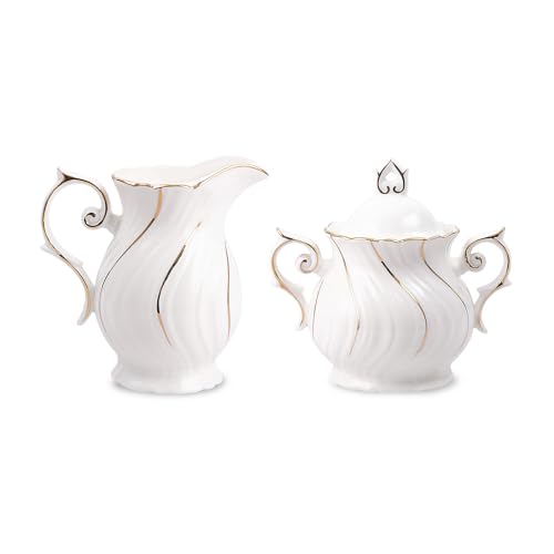 Agyiuns Sugar and Creamer Set Ceramic, Creamer Pitcher and Sugar Bowl with Lid, Creamer Pitcher with Handle,Sugar Cube Dish Coffee or Tea, White with gold thread - Image 1