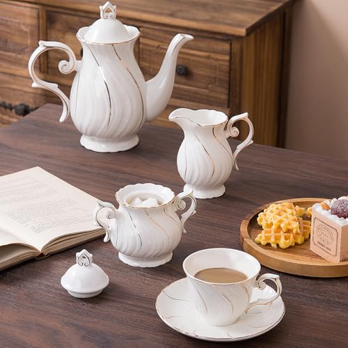 Agyiuns Sugar and Creamer Set Ceramic, Creamer Pitcher and Sugar Bowl with Lid, Creamer Pitcher with Handle,Sugar Cube Dish Coffee or Tea, White with gold thread - Image 5