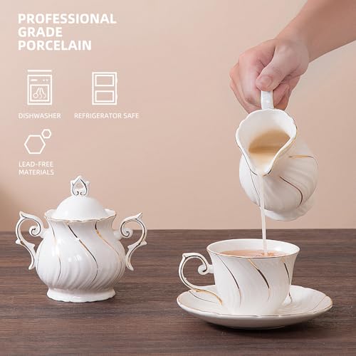 Agyiuns Sugar and Creamer Set Ceramic, Creamer Pitcher and Sugar Bowl with Lid, Creamer Pitcher with Handle,Sugar Cube Dish Coffee or Tea, White with gold thread - Image 2