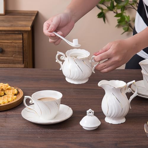 Agyiuns Sugar and Creamer Set Ceramic, Creamer Pitcher and Sugar Bowl with Lid, Creamer Pitcher with Handle,Sugar Cube Dish Coffee or Tea, White with gold thread - Image 4