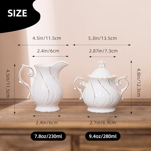 Agyiuns Sugar and Creamer Set Ceramic, Creamer Pitcher and Sugar Bowl with Lid, Creamer Pitcher with Handle,Sugar Cube Dish Coffee or Tea, White with gold thread - Image 3