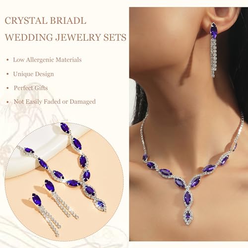 Frodete Blue Bridal Wedding Jewelry Sets for Brides Bridesmaid Formal Rhinestone Necklace and Earrings Set Costume Jewelry for Women Prom Jewelry Set Accessories for Wedding Day - Image 2