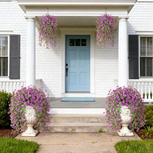 ZFProcess Artificial Hanging Flowers for Outdoors 2 Pcs Fake Hanging Plant Spring Summer Decor UV Resistant No Fade Realistic Faux Flower for Front Door Porch Planter Patio Garden YardPurple - Image 3