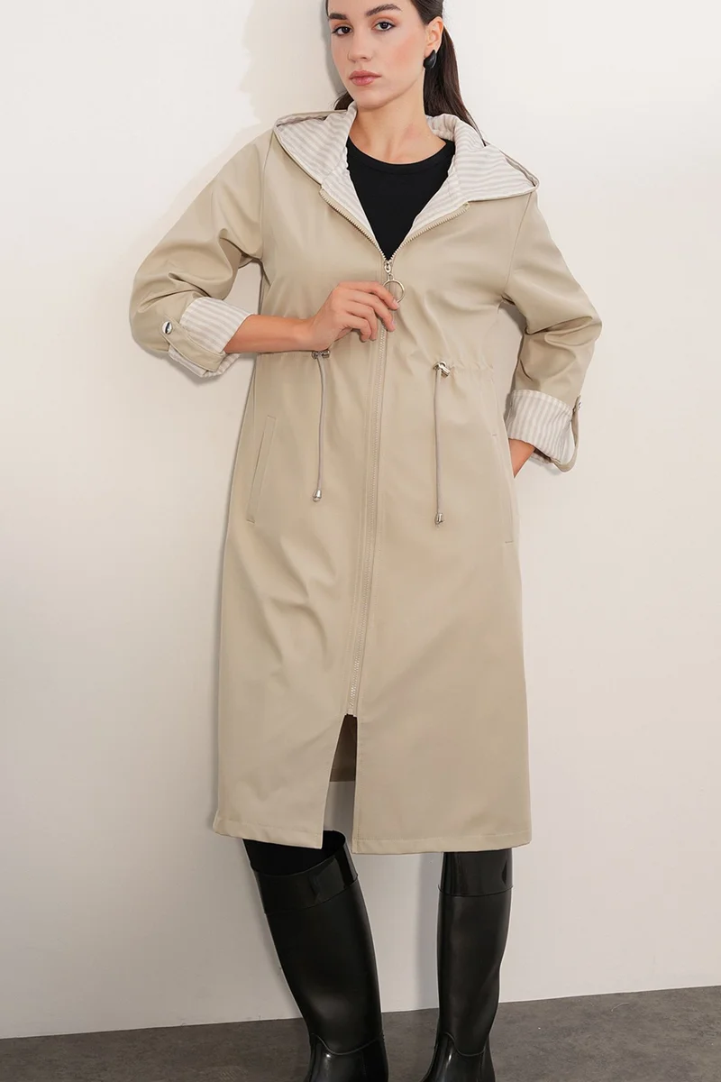 بيغ دارت BDART Hooded Long Striped Trench Coat with Drawstring Waist