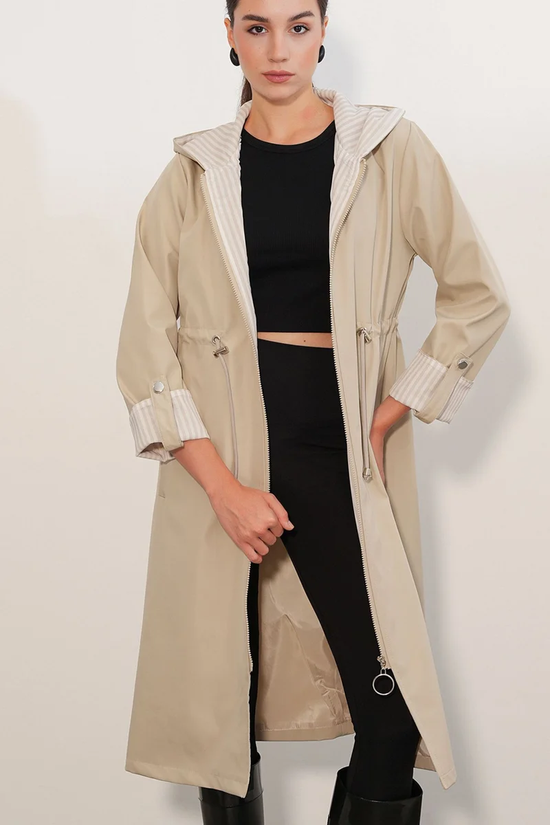 بيغ دارت BDART Hooded Long Striped Trench Coat with Drawstring Waist