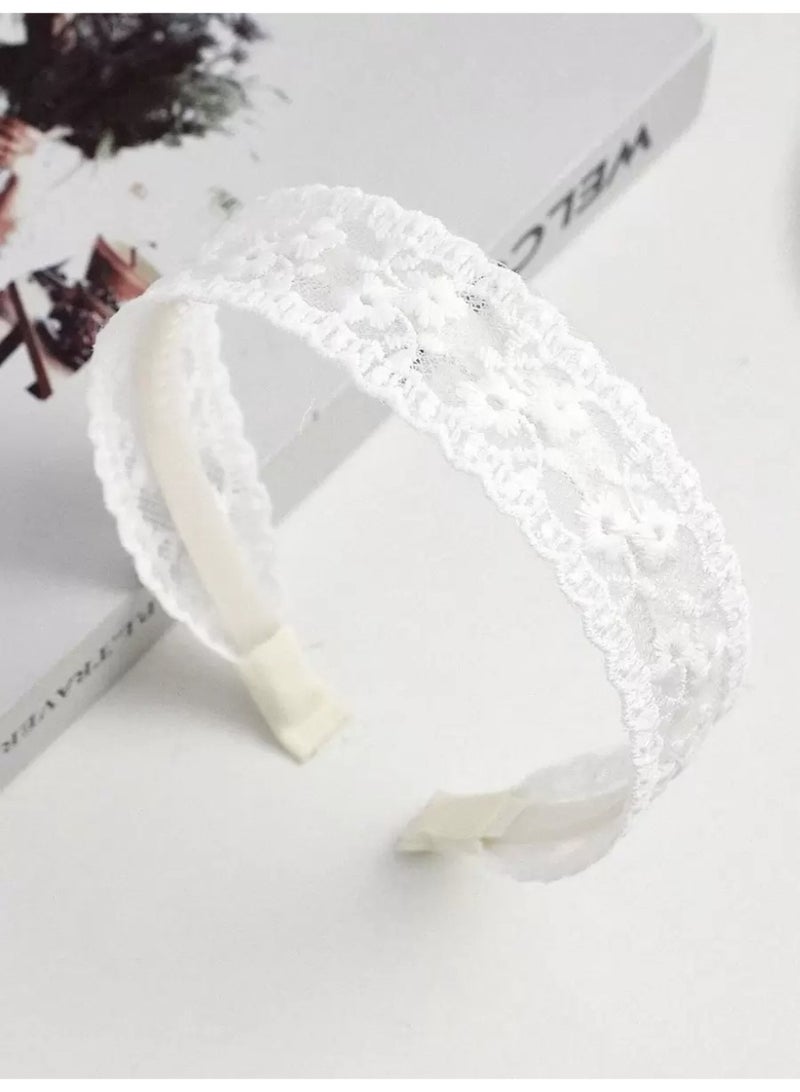 عصابة رأس بيضاء من الدانتيل المطرز – طوق شعر أنيق بتصميم زهري ناعم للنساء والبنات - Image 3