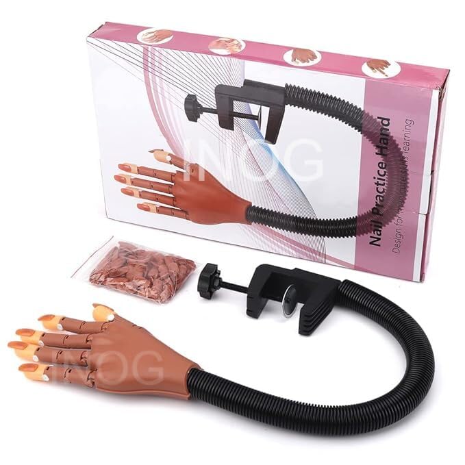 INOG Practice Hand for Acrylic NailsFake Flexible Movable Practice Nail Hand Practice for Acrylic Nail Kit Maniquin Hand for Nail Practice With 100Pcs Refill Nail Tips BB - Image 1