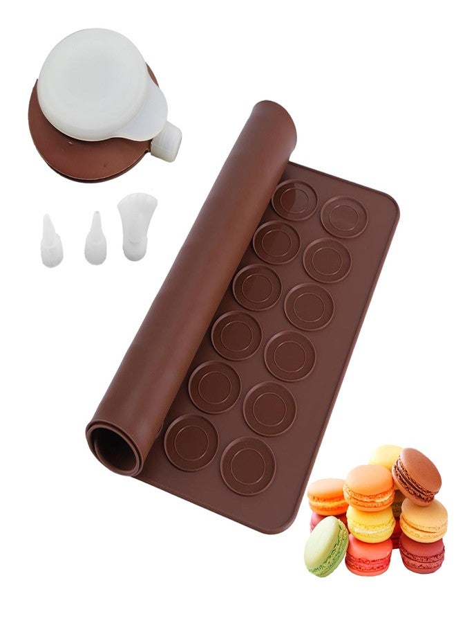 XPAPOV Silicone Macaron Baking Kit, 48 Capacity Macaron Silicone Mat and Decorating Piping Pot with 3 nozzles, Non stick Reusable Macaroon Baking Supplies (Brown) - Image 1