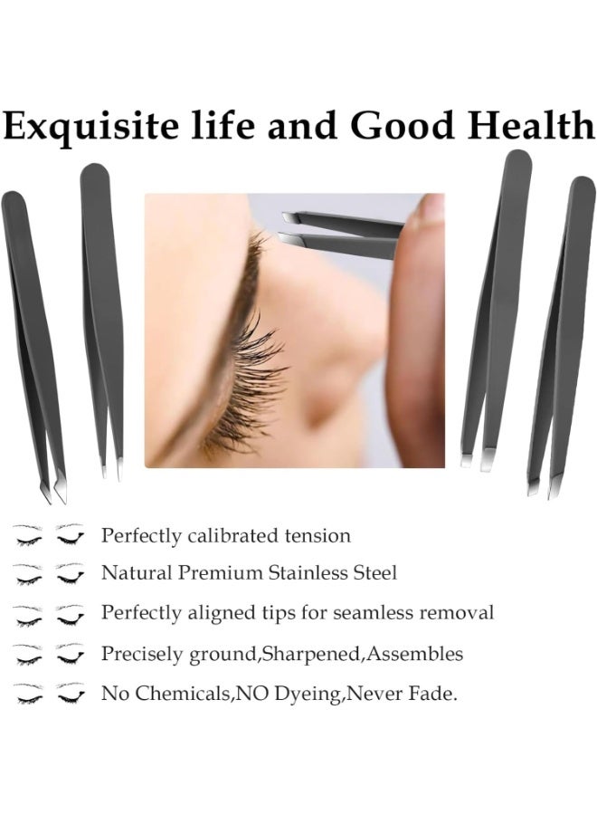 Tweezers Set - Professional Stainless Steel Tweezers for Eyebrows - Great Precision for Facial Hair, Splinter and Ingrown Hair Removal (Black) - Image 5