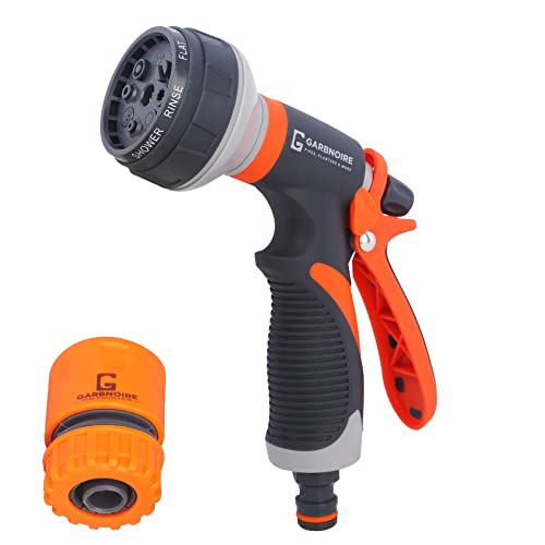 Garbnoire 8 in 1 Heavy Duty Hose Nozzle Water Spray High Pressure for Gardening, Flower, Plants, Lawn, Multi Functional Cleaning, Showering Pet & Wash Cars,8 Pattern Orange Gun, Pack of 1, ABS plastic - Image 1