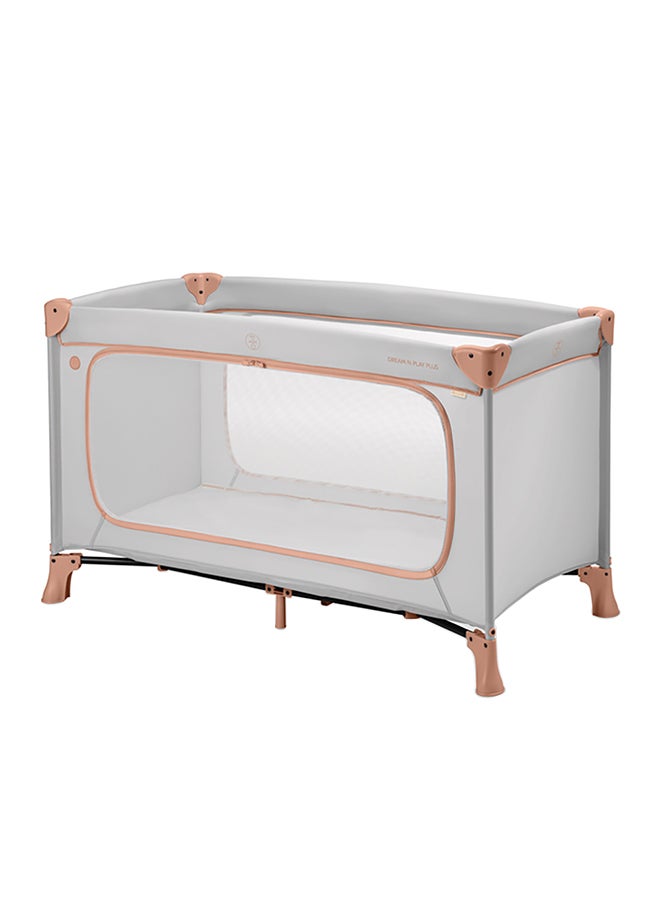 Hauck Dream N Play Plus Travel Cot – Foldable Baby Cot, XL Slip-Through, Mesh Sides, Portable Baby Bed, Travel Bag Included – Dusty Cork - Image 1