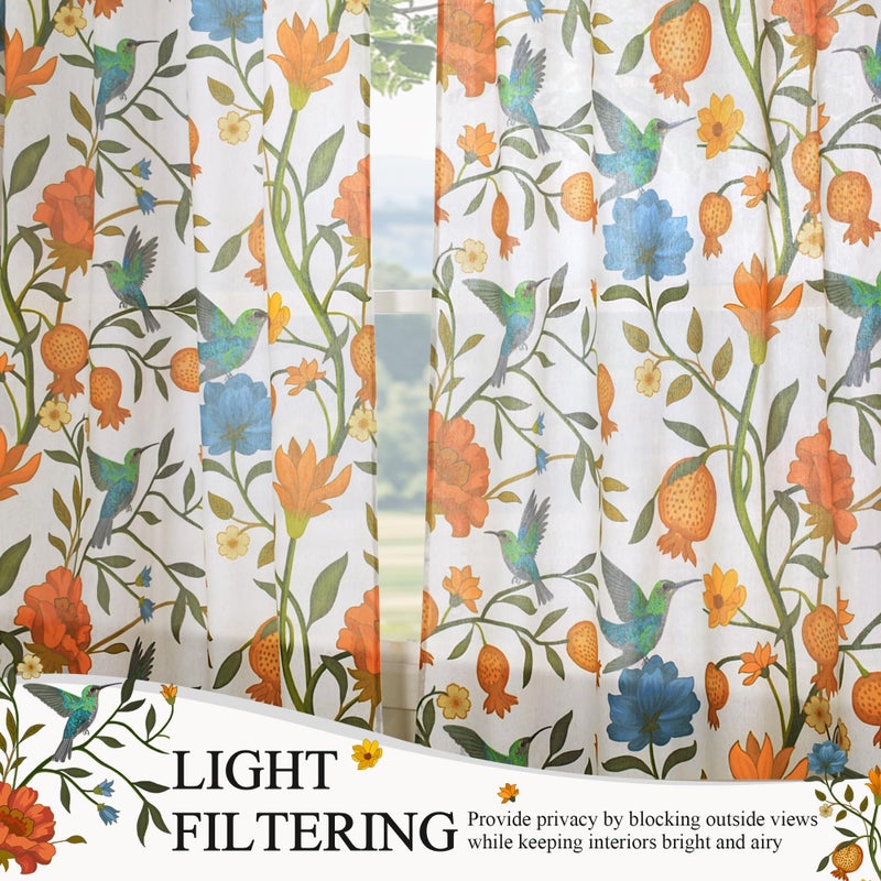 JOOJA Bird Floral Curtains 2 Panels 63 Inches Long Vintage Boho Patterned White Whimsical Living Room Colorful Linen Blend Printed Window Curtains for Bedroom Kitchen - Image 2