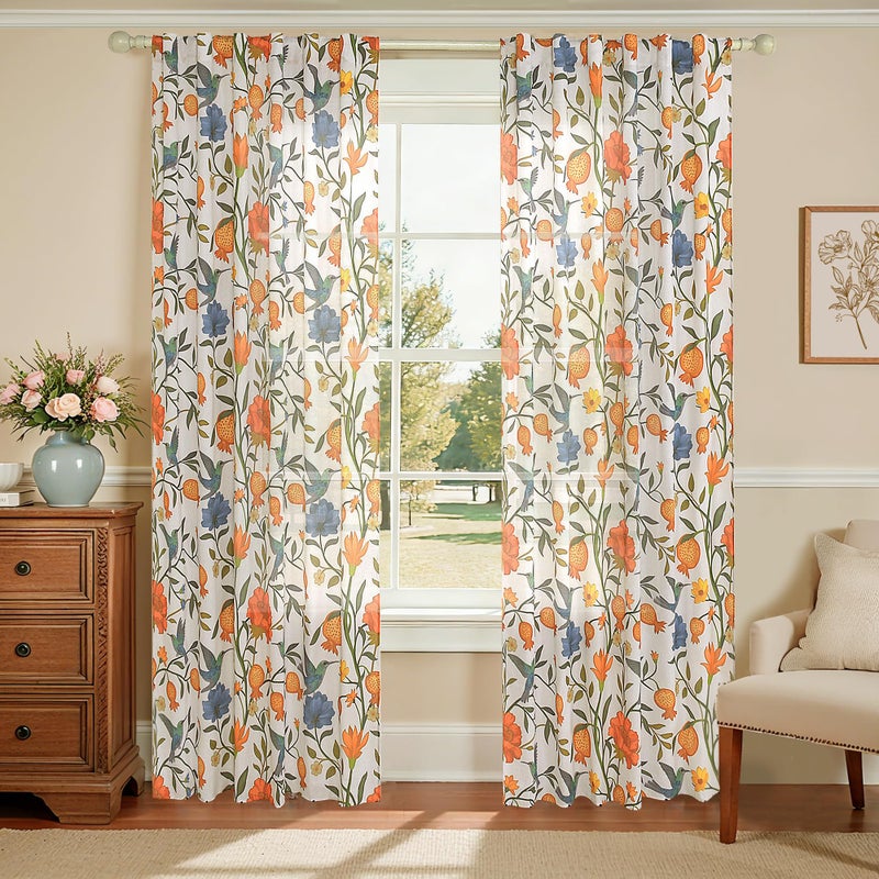 JOOJA Bird Floral Curtains 2 Panels 63 Inches Long Vintage Boho Patterned White Whimsical Living Room Colorful Linen Blend Printed Window Curtains for Bedroom Kitchen - Image 1