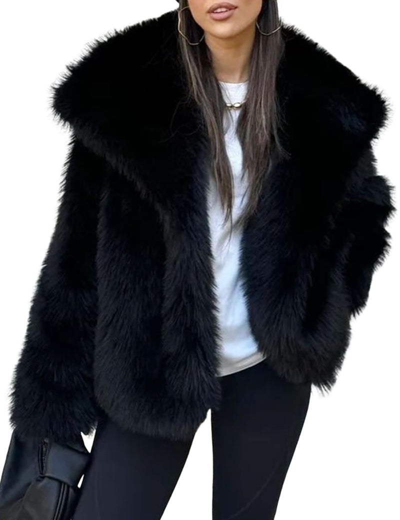 Yimoon Women's Cropped Faux Fur Jacket Lapel Open Front Shaggy Furry Coat 2024 Winter Warm Fluffy Overcoat(Black-M) - Image 1