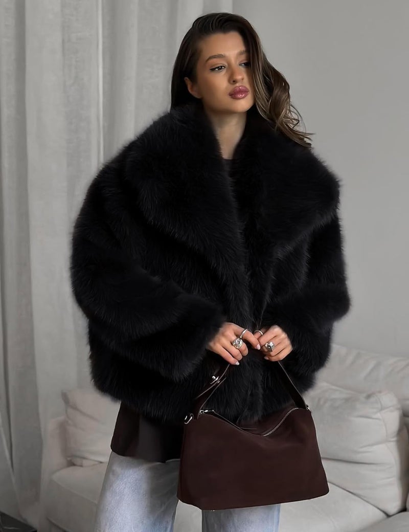 Yimoon Women's Cropped Faux Fur Jacket Lapel Open Front Shaggy Furry Coat 2024 Winter Warm Fluffy Overcoat(Black-M) - Image 3
