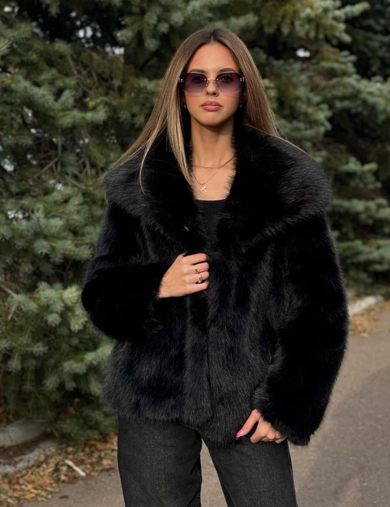 Yimoon Women's Cropped Faux Fur Jacket Lapel Open Front Shaggy Furry Coat 2024 Winter Warm Fluffy Overcoat(Black-M) - Image 4