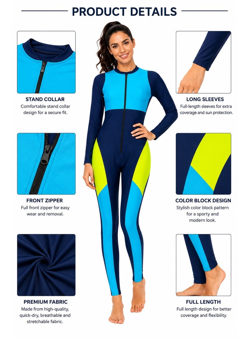 Featherland Women’s One-Piece Full-Coverage Swimsuit with Long Sleeves, Full-Length Legs, Colour-Block Design and Front Zipper - Image 4