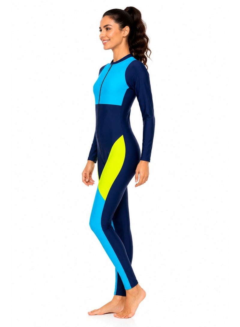 Featherland Women’s One-Piece Full-Coverage Swimsuit with Long Sleeves, Full-Length Legs, Colour-Block Design and Front Zipper - Image 2