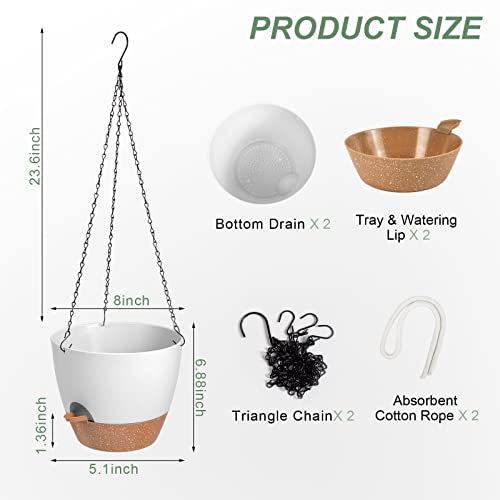 Vanslogreen Hanging Planters for Indoor Outdoor Plants, 2 Pack Self Watering Hanging Pot with Drainage Holes & Removable Tray (White, 8'') - Image 3