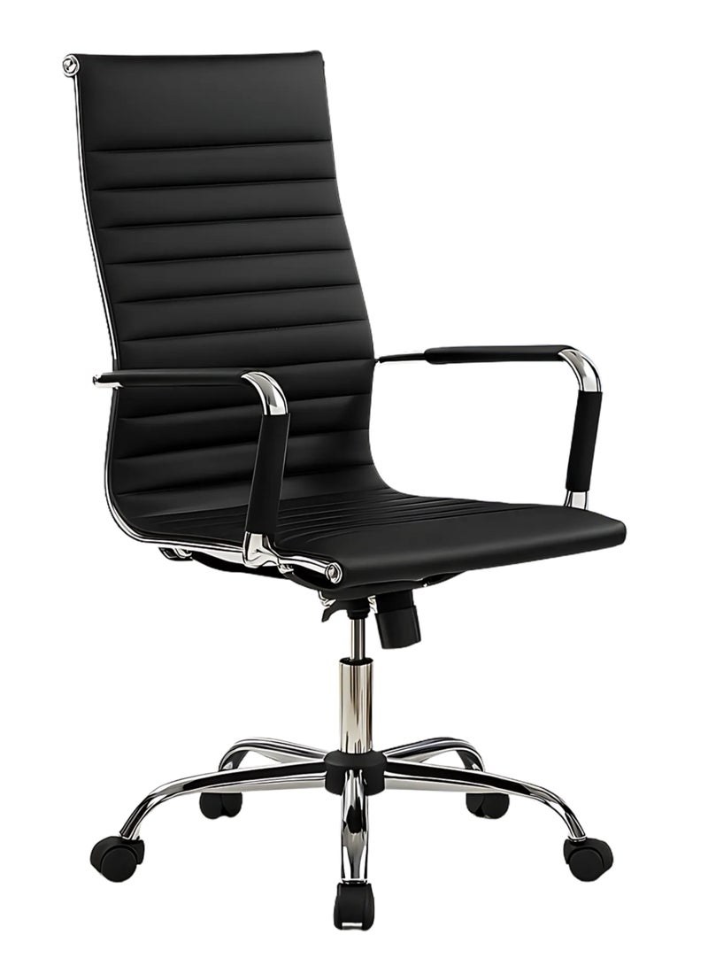 كستم ديكو كرسي مكتب مريح من الجلد الأسود - ظهر مرتفع، ارتفاع قابل للتعديل، مساند ذراع من الكروم، دوار وعجلات - مثالي للمنزل والمكتب - Image 1