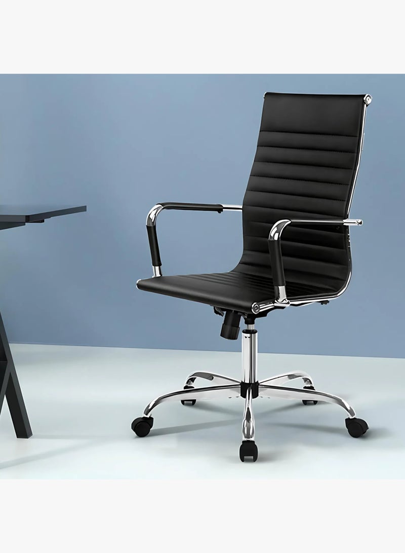 كستم ديكو كرسي مكتب مريح من الجلد الأسود - ظهر مرتفع، ارتفاع قابل للتعديل، مساند ذراع من الكروم، دوار وعجلات - مثالي للمنزل والمكتب - Image 3