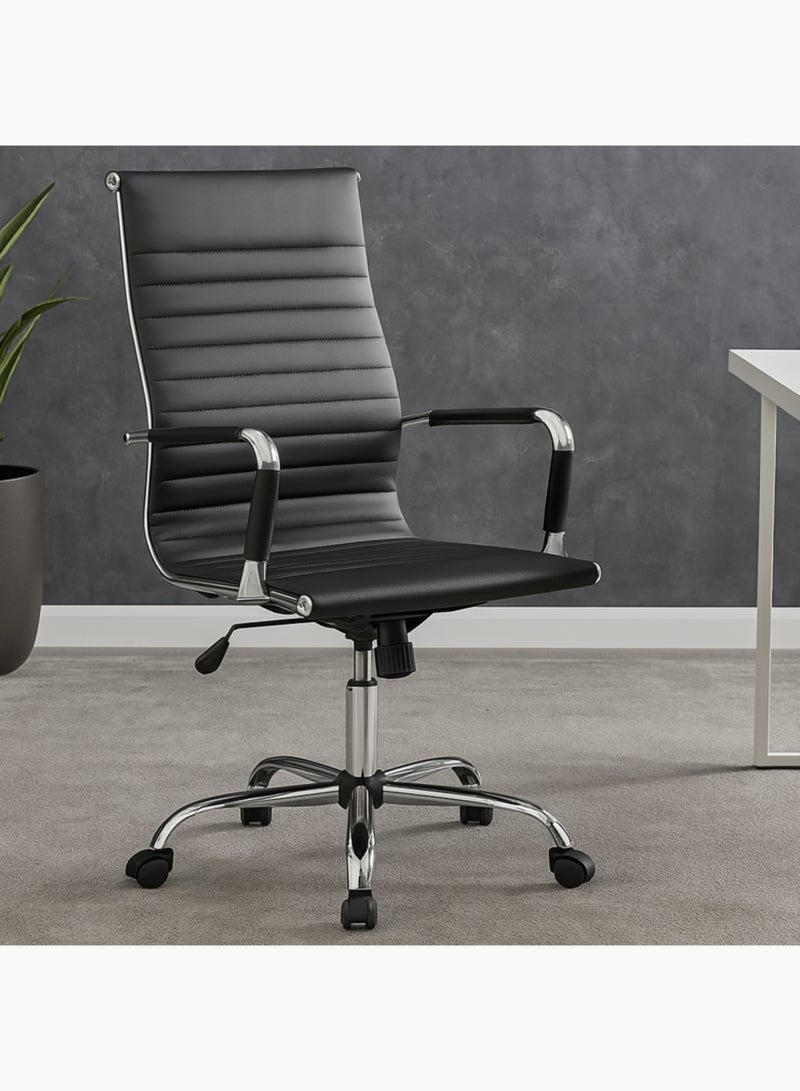 كستم ديكو كرسي مكتب مريح من الجلد الأسود - ظهر مرتفع، ارتفاع قابل للتعديل، مساند ذراع من الكروم، دوار وعجلات - مثالي للمنزل والمكتب - Image 2