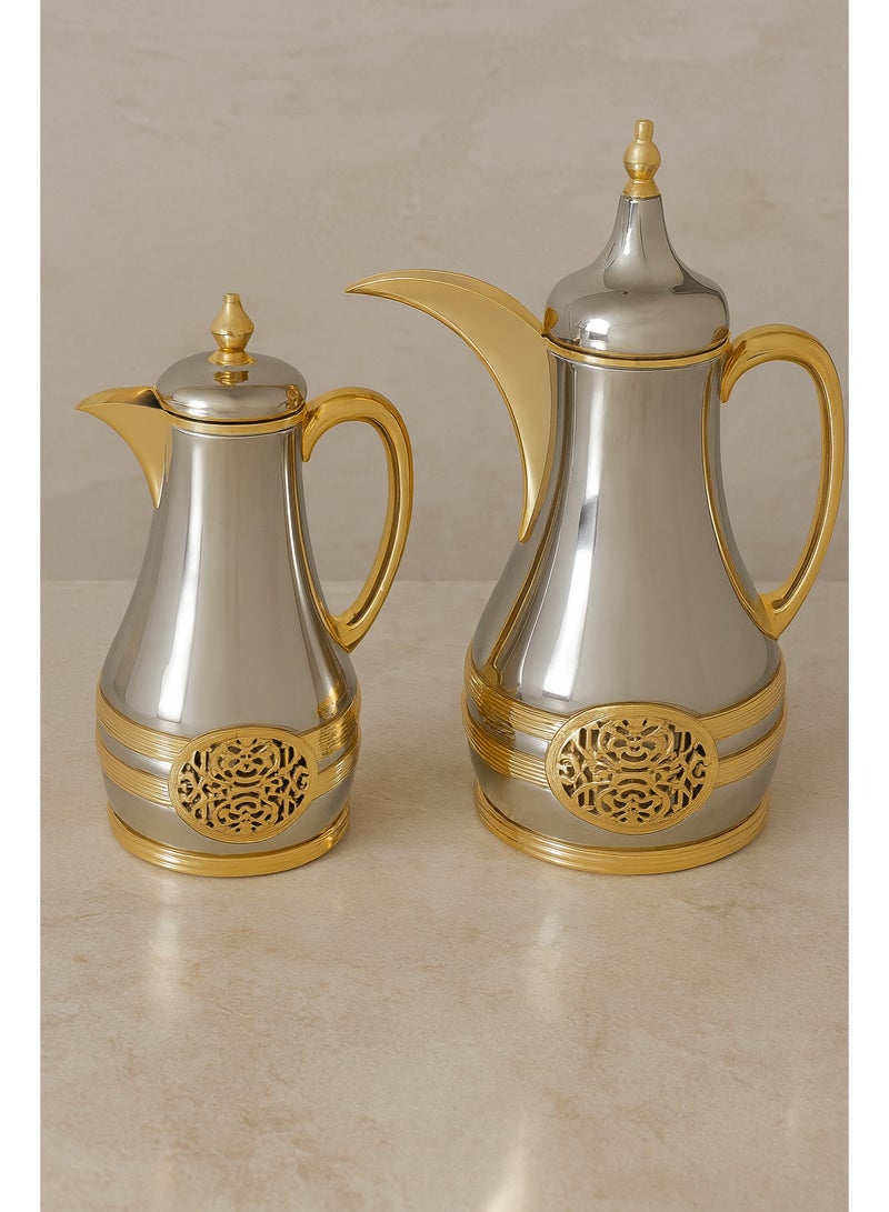 باصرة طقم ترامس فاخر باصرة للشاي بلون كروم و ذهبي قطعتين حجم 1 - 1 لتر - Image 1