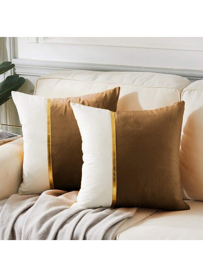 AEROHAVEN Set of 2 Premium Velvet with Gold Stripe Decorative Throw Pillow/Cushion Covers with Invisible Zipper - (12 X 12 Inch, Brown), 300 TC - Image 1