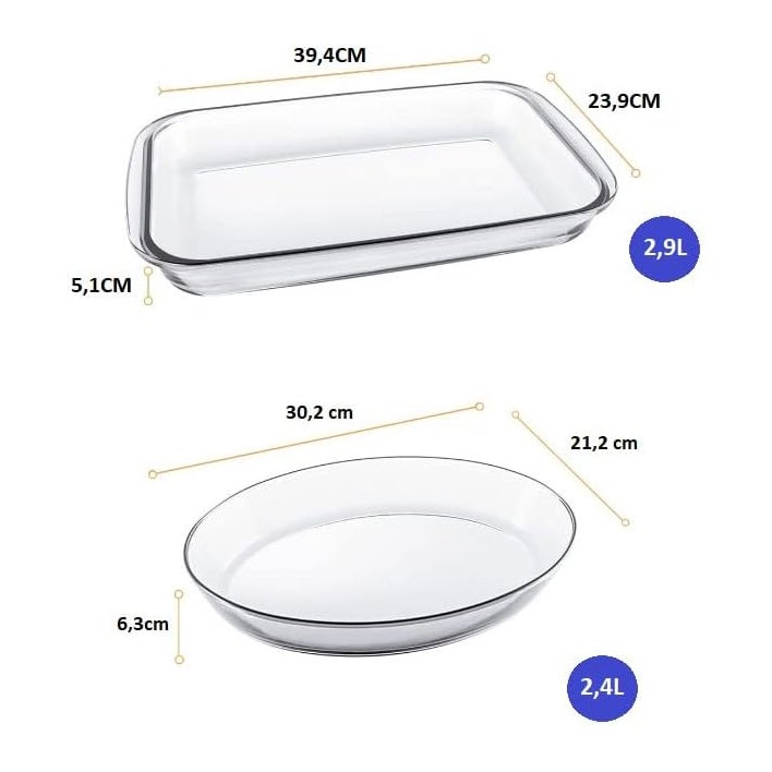Marinex Glass 2-Piece Roaster Set - Rectangular + Oval Roasters (2.4L + 2.9L) | Durable, Clear