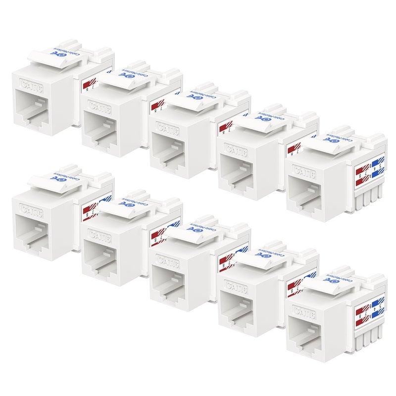 CableMatters [UL Listed] 10-Pack 10Gbps Cat6 Keystone Jacks, RJ45 Keystone Jack, Ethernet Modular Jack in White for Patch Panel and Wall Plate - Image 1