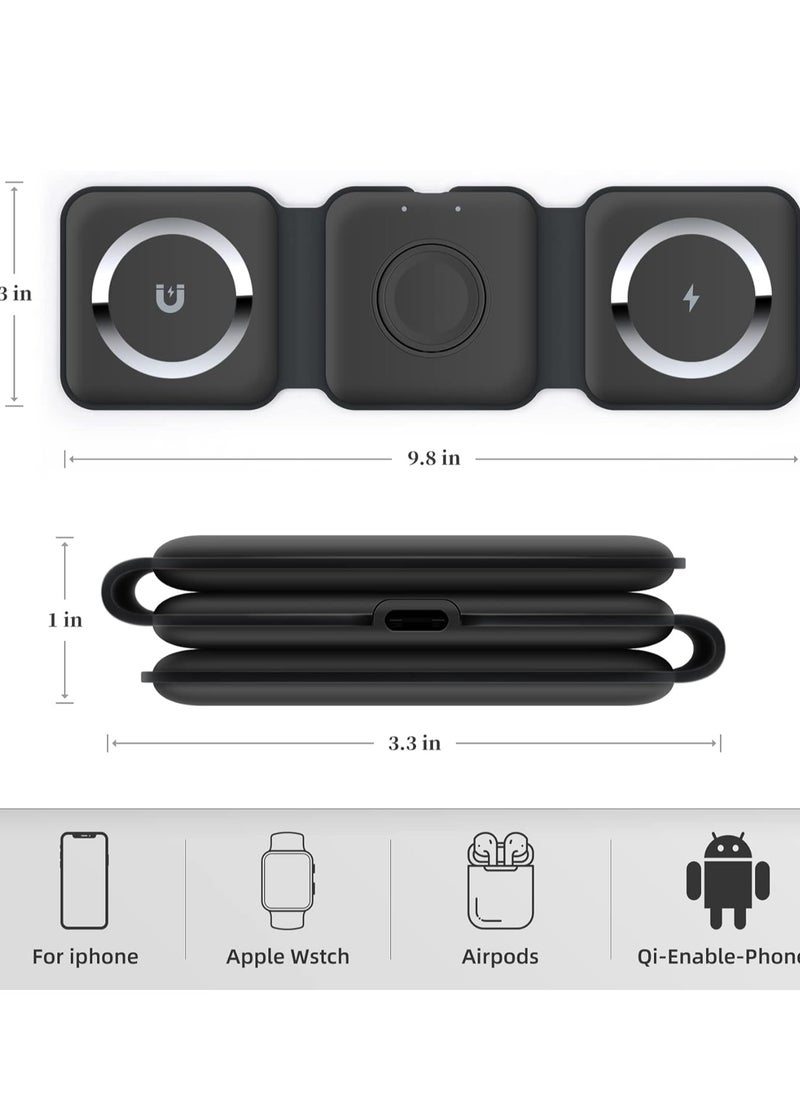 Generic - 3-in-1 Foldable Magnetic Wireless Charger – 15W Mag-Safe Charging Station for iPhone, Apple Watch, and AirPods (Black) - Image 1