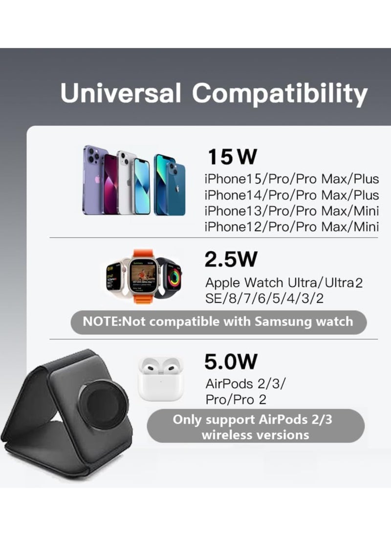 Generic - 3-in-1 Foldable Magnetic Wireless Charger – 15W Mag-Safe Charging Station for iPhone, Apple Watch, and AirPods (Black) - Image 1