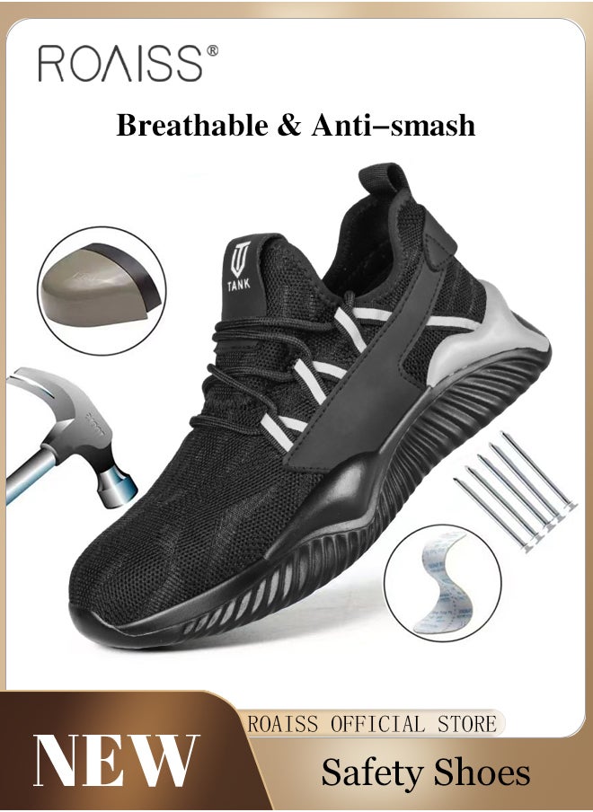 roaiss Fly Woven Labor Protection Shoes for Men Anti-Smash and Puncture Work Safety Shoes Mens Non-slip Breathable Ultra Light Weight Sneakers Casual Lace up Front Low Top Outdoor Sports Shoes Colorblock Sneakers  - Image 1