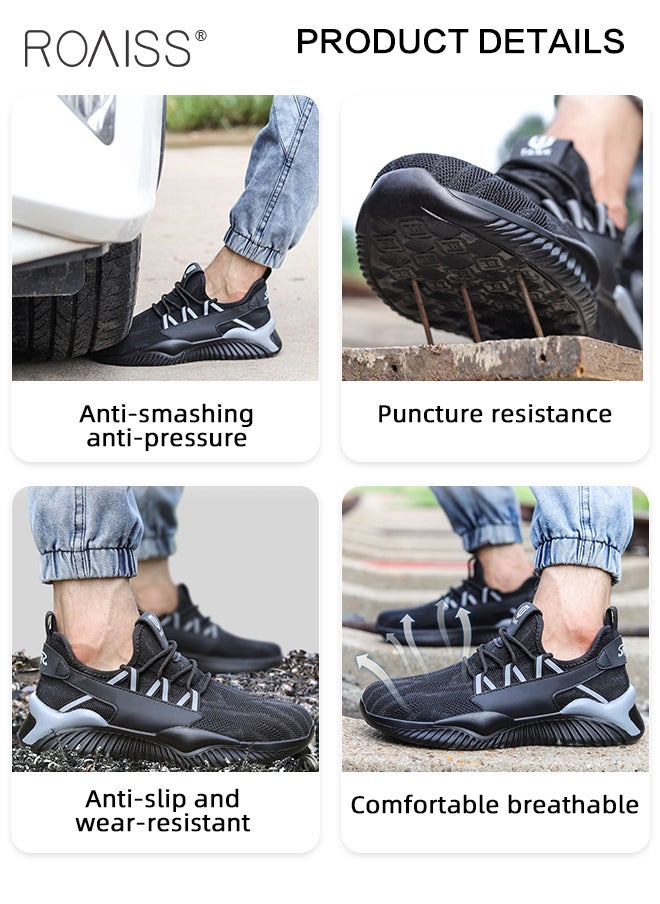 roaiss Fly Woven Labor Protection Shoes for Men Anti-Smash and Puncture Work Safety Shoes Mens Non-slip Breathable Ultra Light Weight Sneakers Casual Lace up Front Low Top Outdoor Sports Shoes Colorblock Sneakers  - Image 3