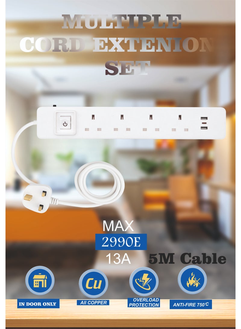 MOVAL Power Extension Cord with 4 Outlets, 2 USB & Type-C Ports, 5m Heavy Duty Cable for Home & Office - Image 4