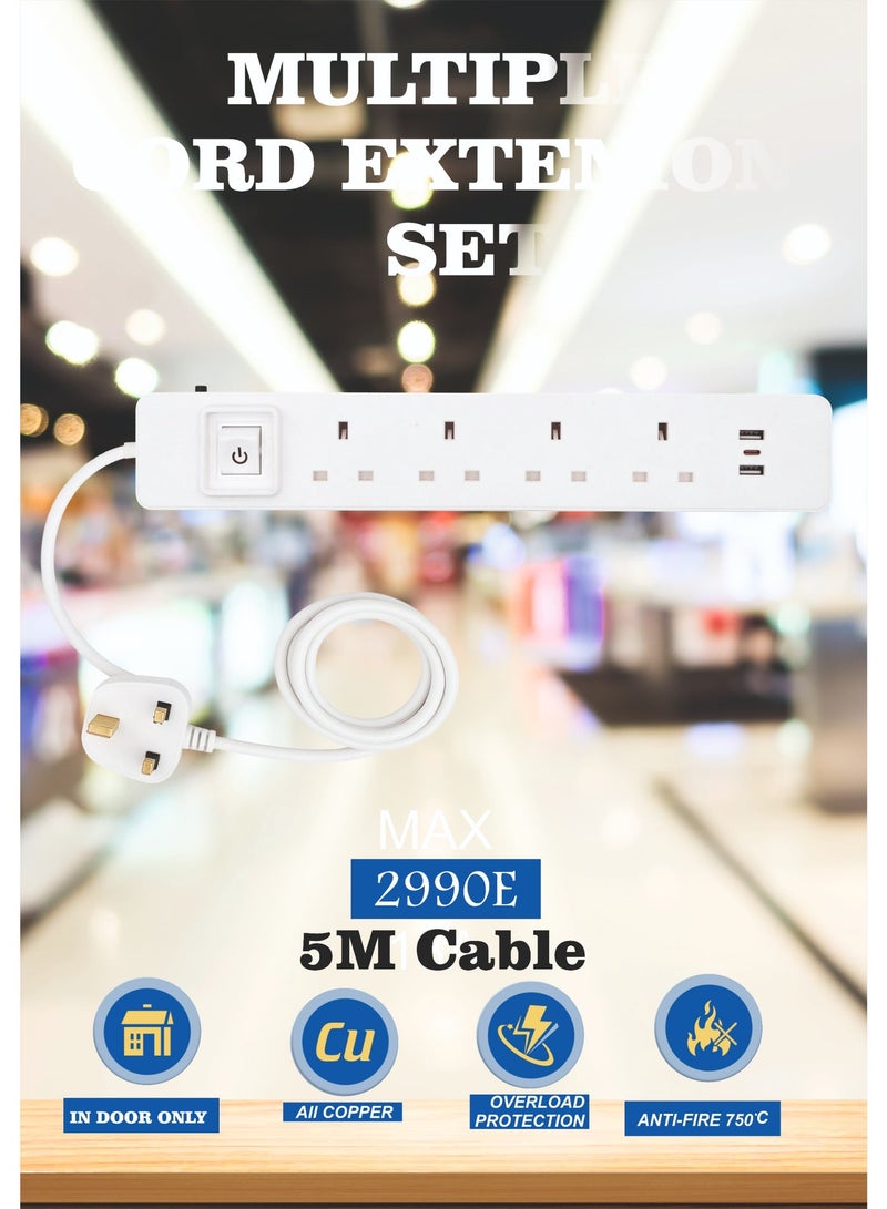 MOVAL Power Extension Cord with 4 Outlets, 2 USB & Type-C Ports, 5m Heavy Duty Cable for Home & Office - Image 3