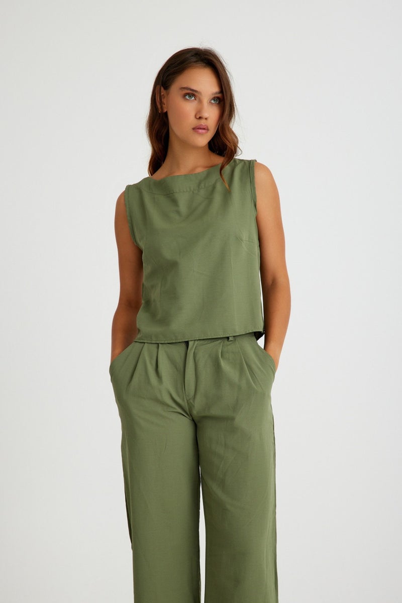 Barbora Linen Casual Sleeveless Top and Bottom Women's Set LN08HAKI7  - Image 3