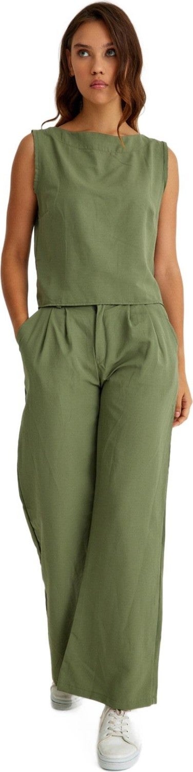 Barbora Linen Casual Sleeveless Top and Bottom Women's Set LN08HAKI7  - Image 1