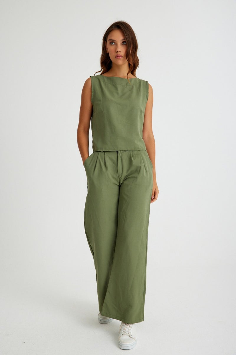 Barbora Linen Casual Sleeveless Top and Bottom Women's Set LN08HAKI7  - Image 2