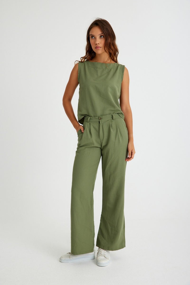 Barbora Linen Casual Sleeveless Top and Bottom Women's Set LN08HAKI7  - Image 5
