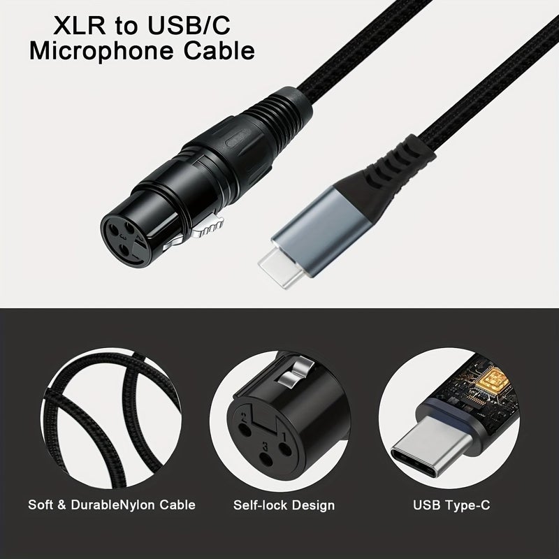 كابل ميكروفون من XLR إلى USB-C، طوله 19.68 بوصة، كابل تسجيل عالي الجودة بموصل نحاسي، مناسب لأجهزة الكمبيوتر والهواتف الذكية ومعدات الصوت. - Image 4