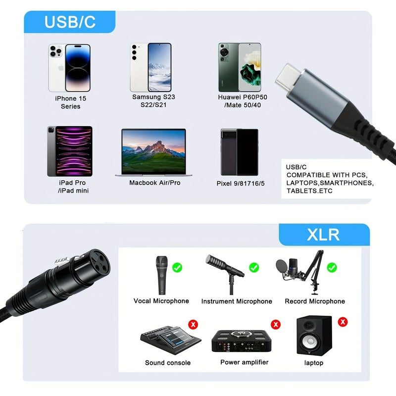 كابل ميكروفون من XLR إلى USB-C، طوله 19.68 بوصة، كابل تسجيل عالي الجودة بموصل نحاسي، مناسب لأجهزة الكمبيوتر والهواتف الذكية ومعدات الصوت. - Image 5