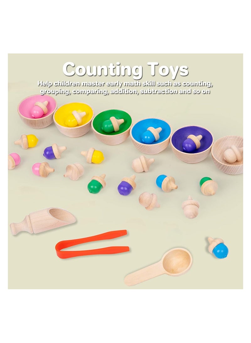 KASTWAVE Wooden Color Sorting Toys for Baby, Color Learning Activities Teaching Toy Color Matching Game, Rainbow Counting Acorns with Bowls Tweezer Spoon, Montessori Toy for Kids Boys Girls - Image 2