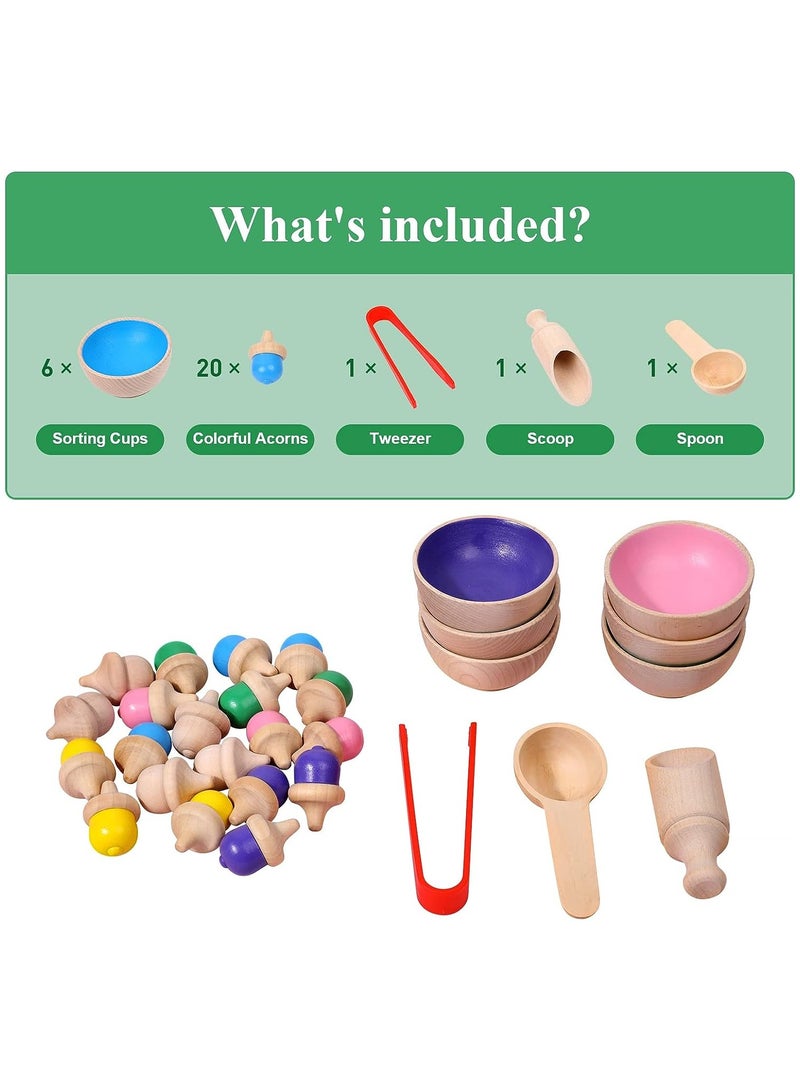 KASTWAVE Wooden Color Sorting Toys for Baby, Color Learning Activities Teaching Toy Color Matching Game, Rainbow Counting Acorns with Bowls Tweezer Spoon, Montessori Toy for Kids Boys Girls - Image 5