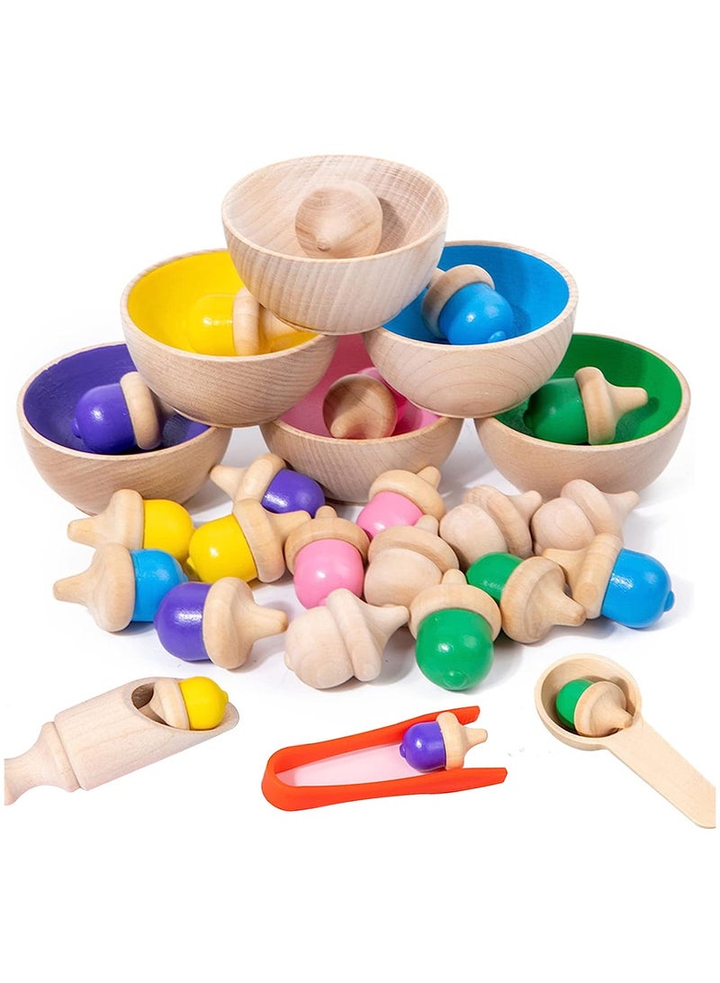 KASTWAVE Wooden Color Sorting Toys for Baby, Color Learning Activities Teaching Toy Color Matching Game, Rainbow Counting Acorns with Bowls Tweezer Spoon, Montessori Toy for Kids Boys Girls - Image 1