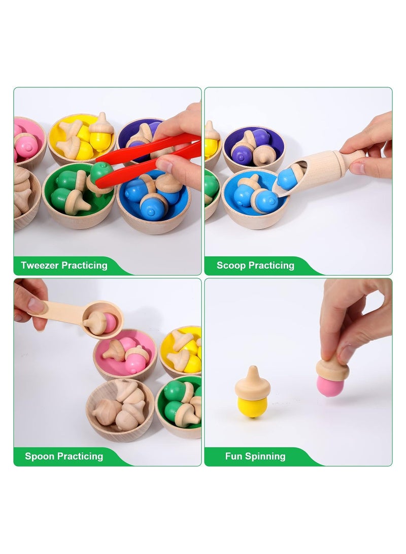 KASTWAVE Wooden Color Sorting Toys for Baby, Color Learning Activities Teaching Toy Color Matching Game, Rainbow Counting Acorns with Bowls Tweezer Spoon, Montessori Toy for Kids Boys Girls - Image 3