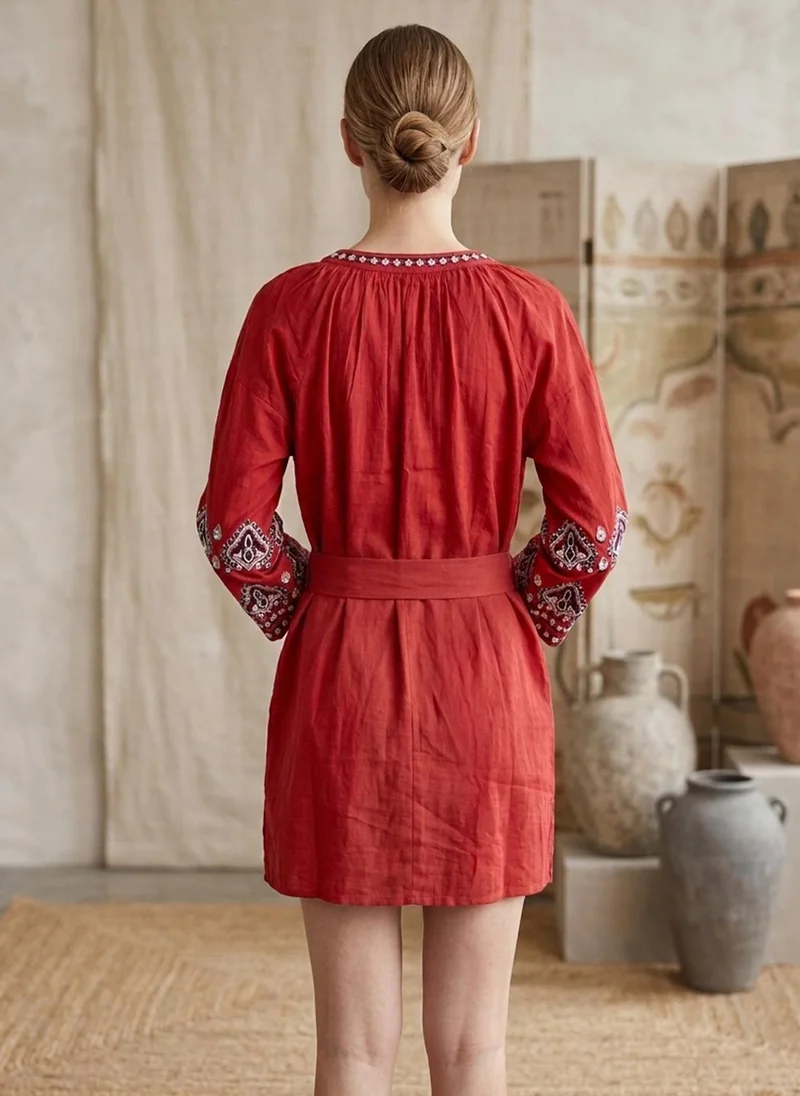 Alaya Women Embroidered With Belt Cotton Tunic Dress -AL3706