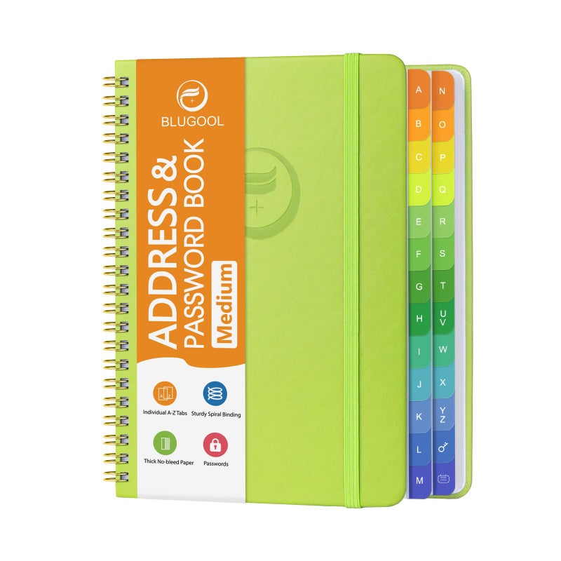 Blugool Address Book with Alphabetical Tabs-Address and Password Book for Seniors - Hardcover Spiral Bound Phone Book- Record Contacts,Website Login Passwords, Special Days -5.7" x 7.7", Grass Green - Image 1