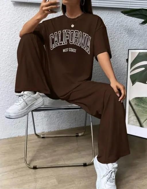 My Swag Women Co-Ords Set Half Sleeve Loose Fit T-Shirt & Trouser Summer Cord Set 2 Piece Brown Streetwear Outfit for Women & Girls - Image 2