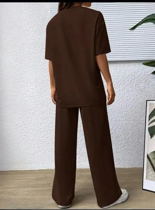 My Swag Women Co-Ords Set Half Sleeve Loose Fit T-Shirt & Trouser Summer Cord Set 2 Piece Brown Streetwear Outfit for Women & Girls - Image 3